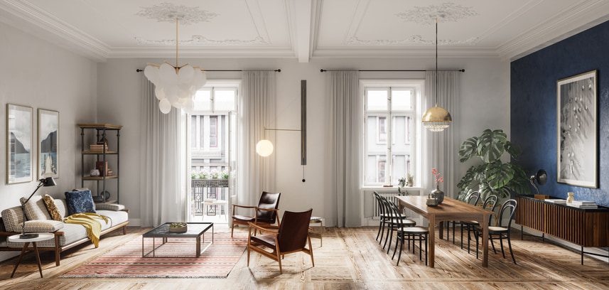 Large living and dining room space with area rug and mid century modern furniture